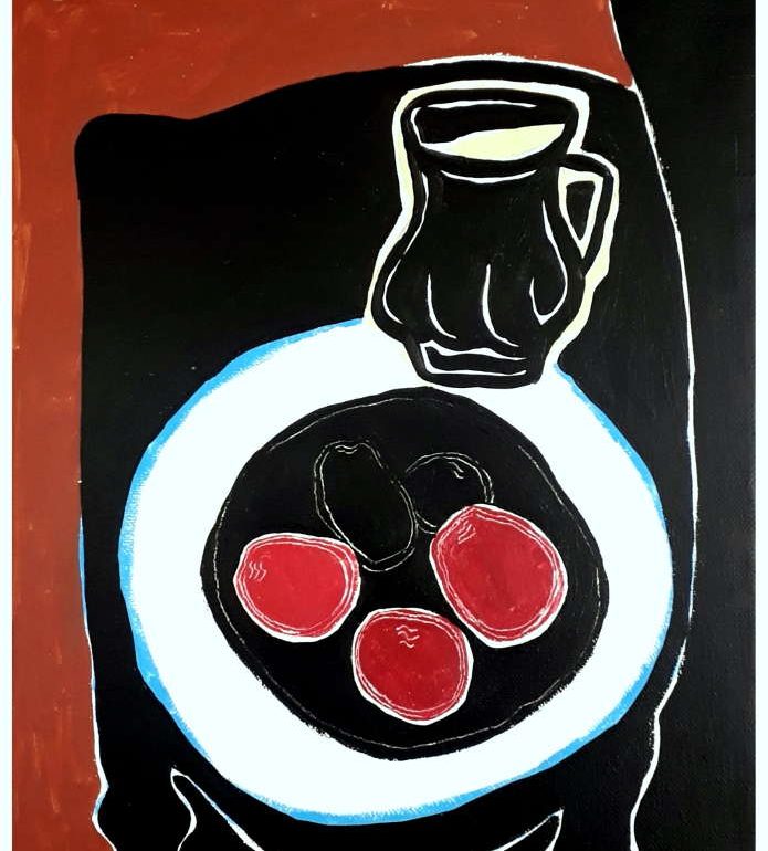 Sinan Özsağlıcak (Beyaz Tabak ve Meyveler, TÜAB, 67x44cm, 2020)